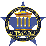 Bauer Financial blue star and circle Logo with Greek columns in the center with words in the circle stating: WE ANALYZE BANKS & CREDIT UNIONS VERY CAREFULLY. Banner across the middle stating BAUERFINANCIAL and web address below it-www.bauerfinancial.com