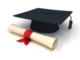 Black Graduation cap with a black tassel hanging on the right side. Below it a cream colored rolled up diploma tied with a red ribbon.